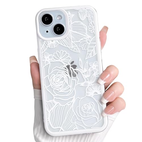 NITITOP Compatible with iPhone 15 Case Clear Cute Rose Flower Floral Leaves Pattern for Women Girls Color Frame Slim Durable Shockproof Protective Phone Cover - White