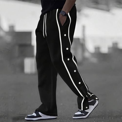 Mens Sweatpant 2025 Trendy Striped Side Button Closure Split Wide Leg Pants Drawstring Elastic Waist Sport Trouser2