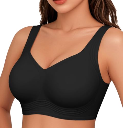 2026 Jelly Seamless Wireless Plus Size Bras No Underwire Supportive Full Coverage Comfortable Everyday Bra for Older Women Dark-Black