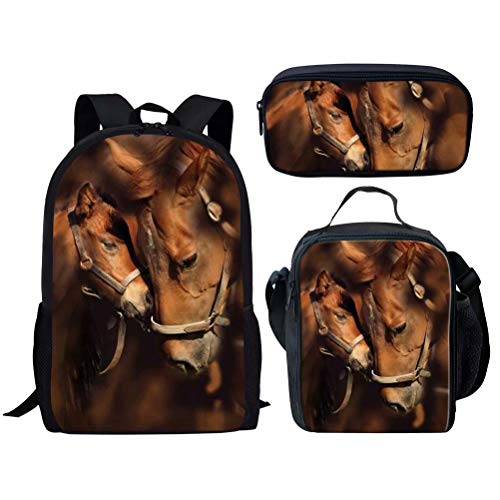 Zainetto per la scuola borsa per il pranzo astuccio per matite set da 3 per bambini studenti ragazzi gatto 3 M Cavallo Taglia unica Zaini Daypack