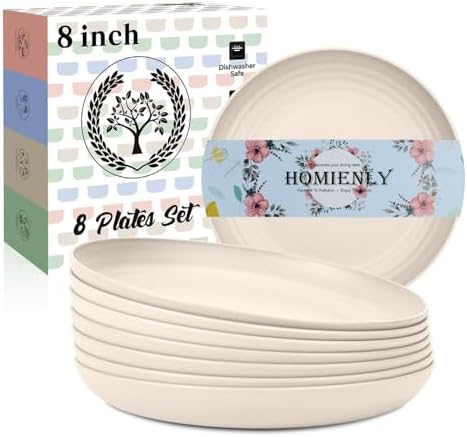 Homienly Dessert Plates - 8 Inch Wheat Straw Plates Set, Dinner Plates Set of 8, Appetizer Plates, Lightweight Unbreakable Plates, Microwave Safe Plates, Deep Plates for Dinner - Beige
