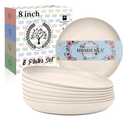 Image of Homienly Dessert Plates - 8 Inch Wheat Straw Plates Set, Dinner Plates Set of 8, Appetizer Plates, Lightweight Unbreakable Plates, Microwave Safe Plates, Deep Plates for Dinner - Beige