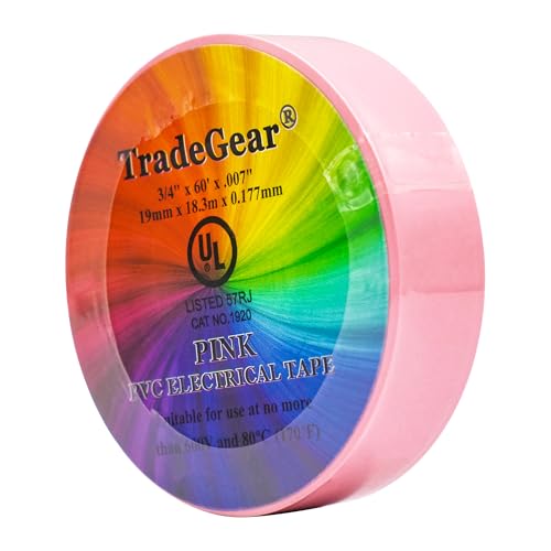 Image of TradeGear Colored Electrical Tape - PVC General Purpose - Waterproof, Flame Retardant, Rubber Based Adhesive, UL Listed - Rated for Max. 600V and 80oC Use - 60' x 3 /4 inch x 0.07 inch (1 Pk Pink)