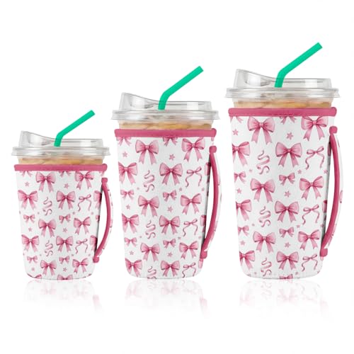 Artsocket 3 Pack Iced Coffee Sleeve with Handle, 16oz-32oz, Bow Coquette Pink