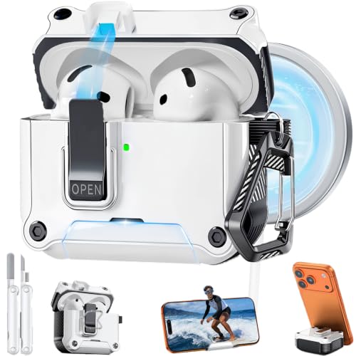 Image of Dual Safety Lock for AirPods 4 Case 2024, Compatible with MagSafe - Designed with Automatic Switch and Phone Stand, Includes a Cleaner & Keychain - Rugged Tough Hard Shell for Apple AirPods 4, White