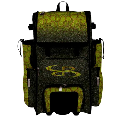 Boombah Rolling Superpack Baseball/Softball Gear Bag - Telescopic Handle - Holds 4 Bats - Wheeled Version - Softball Optic Black Glitter Black/Optic Yellow/Red