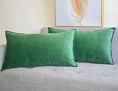 Lutanky Velvet Cushion Covers 30 x 50 cm Green Decorative Rectangle Throw Pillow Covers (Pack of 2) Soft Oblong Piped Pillowcases for Sofa Bedroom with Invisible Zipper 12x20 Inch