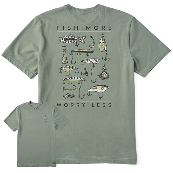 Life is Good Men's Fish More Worry Less Hooks and Tackle Short Sleeve Crusher Tee (XX-Large, Moss Green)