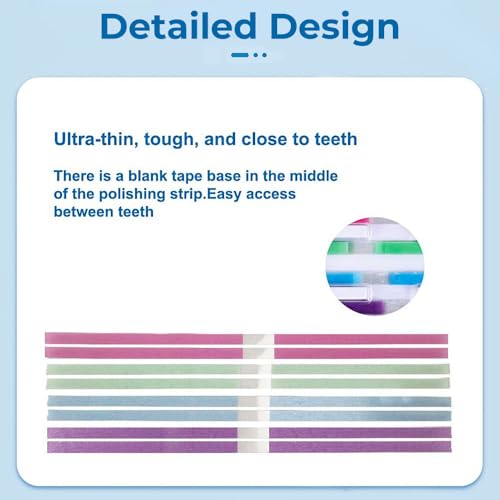 Uadme Zahn Schleifpapier, 60 Stück 4 x 150 mm Dental Schmirgelstreifen Interdental Schleifwerkzeug, Lila zum Formen, Blau zum Glätten, Grün zum Vorpolieren, Rosa zum Polieren