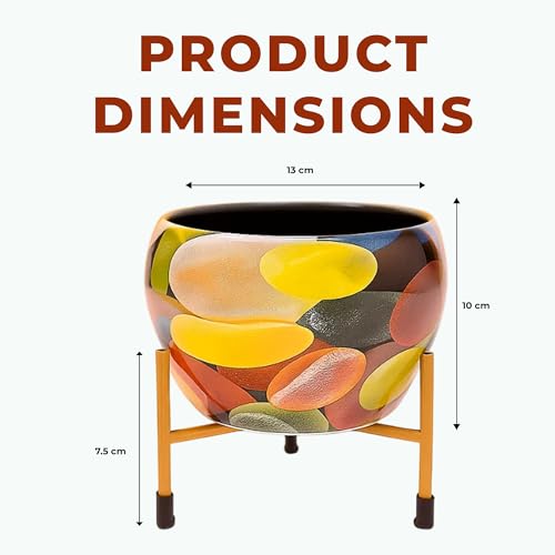 Image of Natural Earth Metal Flower Vase Planter Pot with Iron Stand | Decorative Plant Cachepot for Indoor & Outdoor Use | Succulent Pot for Home & Garden Decor (Abstract Graphic)