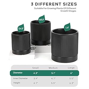 Ladovita 3 pack ceramic plant pots 654 inch flowerpot for indoor plants with drainage holes and tray outdoor garden planters modern decorative for home black vertical stripes  urban country home decor