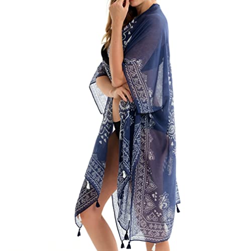 K-Elewon Women's Beach Cover Up Swimsuit Kimono With Bohemian Floral Print Beach Casual Loose Cardigans For Swimwear Resort Wear Bx09-01 Blue #TOP2