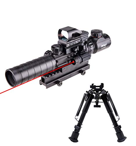 Pinty Rifle Scope 3-9x32 Rangefinder Illuminated Reflex Sight 4 Reticle Red Dot Laser Sight& Rifle Tactical Bipod Adjustable 6-9 Inch Spring Return Adapter Compatible with Picatinny Rail System