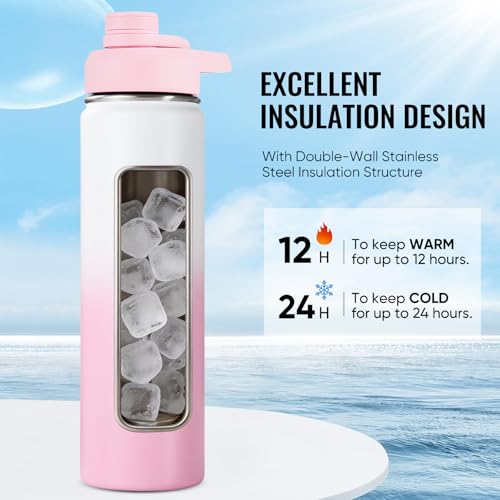 Image of Fijinhom Insulated Water Bottle with Handle, 304 Stainless Steel Water Bottles with Wide Mouth, Double Wall Vacuum Sports Water Bottle, BPA Free, Keep Cold and Hot, 24 Ounces, Strawberry Milk
