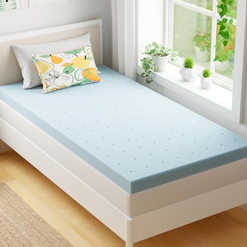 EGOHOME 2 Inch Twin Memory Foam Mattress Topper, Cooling Gel Infused & Pressure Relieving Pad in a Box, Dorm Room Essentials, CertiPUR Certified, Blue