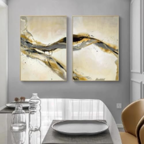 Peinture à l'huile abstraite dorée sur toile 60x90cm duos de tableaux sans cadre pour salon - 3