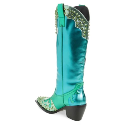FSJ Women Cowboy Boots Almond Toe Low Heel Pull On Westerm Fashion Colorful Metallic Cowgirl Knee High Boots Stretch Ladies Shoes Size 4-16 US3
