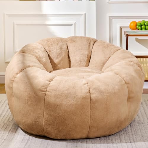 Image of Cozy Faux Fur Floor Chair, Pre-Filled Memory Foam Bean Bag for Teens and Petite Adults, Compact Accent Seating for Reading Nook and Bedroom Decor, Khaki