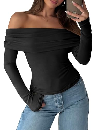 ANRABESS Long Sleeve Shirt for Women 2025 Fall Off Shoulder Slim Fit Tee Top Sexy Going Out Ruched Blouses Y2K Trendy Clothes