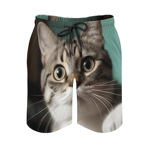 Mens Shorts A Curious Cat Men Swim Trunks Quick-Dry Beach Shorts with Drawstring Pocket Bathing Suit4