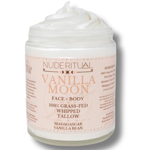 Nude Ritual 100% Grass-Fed Beef Tallow – Whipped Body Butter Moisturizer for Face & Body – USA Made Natural Lotion Alternative for Dry, Sensitive Skin – 4 oz (Vanilla Moon – Madagascar Vanilla)