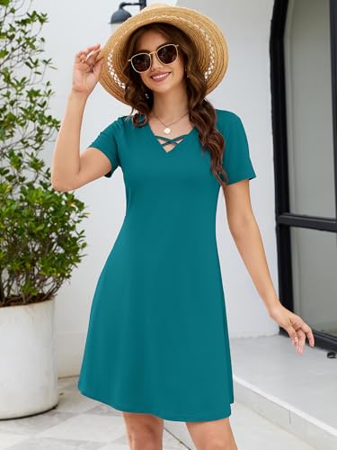 Image of KORSIS Women's Dresses Summer Casual T-Shirt Short Sleeve Criss Cross V Neck Swing Beach Vacation Sundress Dress with Pockets