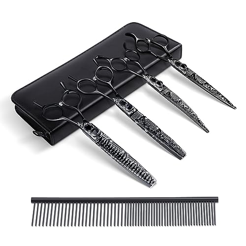 JASON 8 Inch Professional 5 in 1 Pet Grooming Shears Set, Stainless Steel Dog Grooming Scissors Kit, Straight & Thinning & Chunkers & Curved & Comb for Dog, Cat, Pet