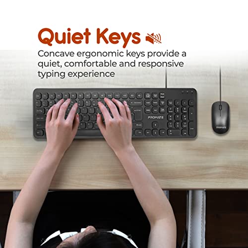 Image of Promate Wired USB Keyboard with Mouse, Super-Slim Comfortable Full-Sized Quiet Keyboard with 1200 DPI Ambidextrous Mouse, in-Built Volume Controls and Fold-Up,Combo-KM2