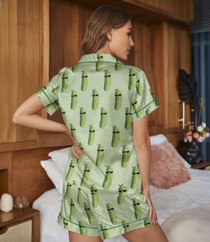Image of Women 2PCs Satin Pajama Set Short Sleeve Silk Feel Gift Sleepwear | Soft stretch satin; relaxed comfort fit sizes S-3XL for sleep & lounge; short sleeve top, elastic waist shorts; easy care