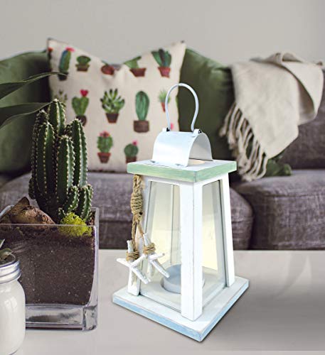 Puzzled Wooden Beach Lantern - White Wood Metal Lanterns with Starfish Rope Accents 6.75 Inch Distressed Hanging and Tabletop Rustic Candle Holder - Unique Home Decor Coastal Lamp - Item 9441-10 - Image 2