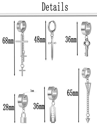 22 Pcs Stainless Steel Dangle Earrings Punk Classic Hoop Huggie Drop Earrings Spike Screw Long Chain Hexagram Stud Earrings Piercing Jewelry Set for Men Silver Black Tone2