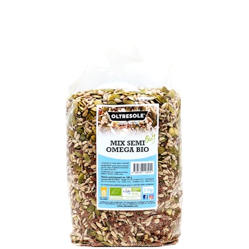 Oltresole, Mezcla De Semillas Omega Ecológicas 1 Kg (Calabaza, Girasol Y Lino), Mezcla De 3 Semillas Oleaginosas Crudas Enteras, Ricas En Proteínas, Fibra Y Omega 3