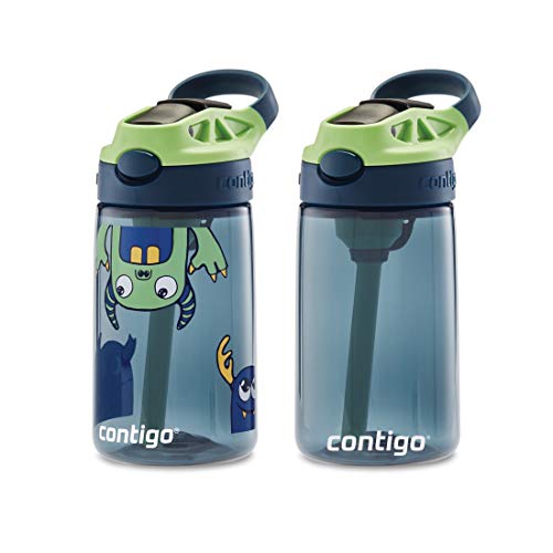 Image of Contigo Aubrey Kids Cleanable Water Bottle with Silicone Straw and Spill-Proof Lid Blueberry & Monsters 14 Ounce 2-Pack