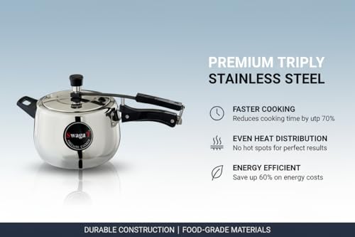 Image of SwagaT Triply Stainless Steel Inner-Lid Pressure Cooker, 5 Litres, ISI Certified, Induction /Gas /Halogen /Ceramic /Electric Compatible