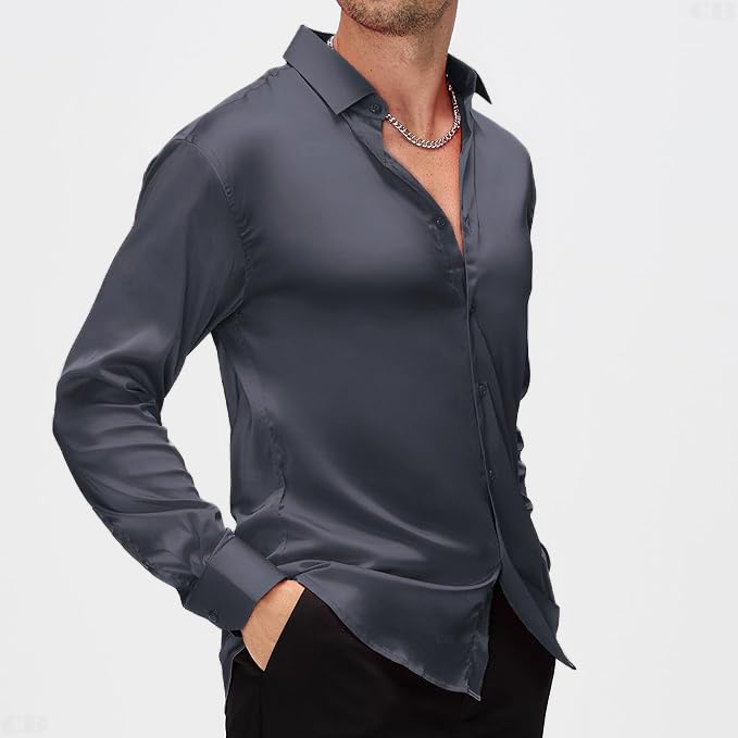 Image of CB-COLEBROOK Mens Stylish Solid Silk Satin Casual Dress Shirts for Men Shiny Long Sleeve Button Down Shirt Party Prom Wedding Shirt for Mens