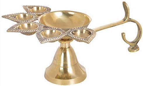 phareLamp Presents Brass Panch Aarti Diya Oil Lamp Handheld Pancharti Jyoti Deepak Stand As Puja Accessaries (21.5X15X9 cm, Golden) #A207