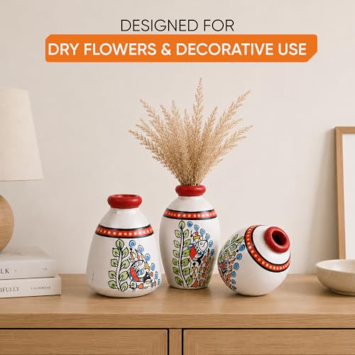 Image of Aakriti Art Creations Vase Earthen Miniatures Silver Madhubani Set of 3 | Hand-Painted Terracotta Flower Vases | Matte Finish Decorative Vases for Living Room, Table Decor & Gifting