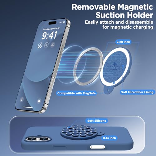 Image of Magnetic for iPhone 16 Case, Compatible with Magsafe, Suction Cup Phone Mount, [2 Screen Protectors][Camera Lens Protector] Silicone Shockproof Protective Slim Phone Cover 6.1 inch, Azure Blue