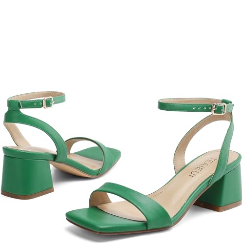 Image of TEAIEUI Block Heels for Women, Square Open Toe Heeled Sandals, Chunky Ankle Strap Shoes for Dress, Party, Prom, Low Heel 2 inch, Green, Size 9