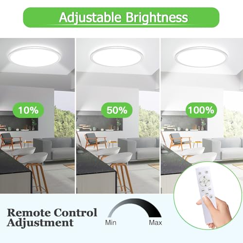 LQIKARL Led Ceiling Light Dimmable Ceiling Light 3000K, 4000K, 6500K 10 Level Brightness Adjustment, 24W 3000Lm Flush Led Ceiling Lights with Remote Control for Bathroom Bedroom Kitchen