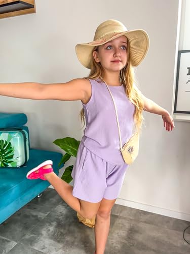 Image of Arshiner Girls Summer 2 Piece Outfit Sleeveless Top and Paperbag Waist Shorts with Pockets Kids Shorts Set Ages 5-13
