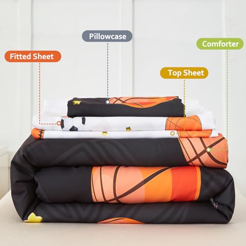 Image of PERFEMET Sports Theme Toddler Boys Bedding Set 4 Pieces Basketball Football Printed Toddler Comforter Set Reversible Design Ball Games Bed in A Bag (Black)