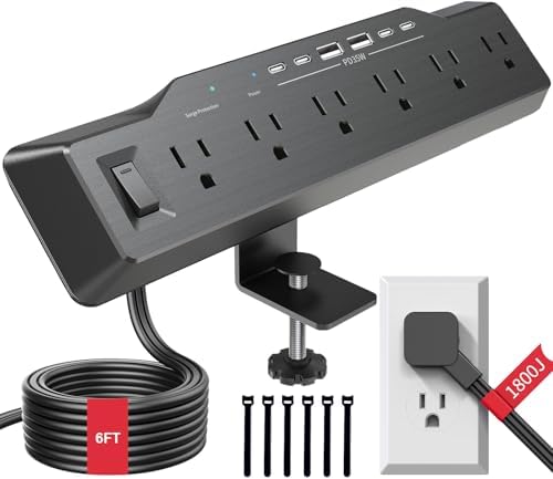 Desk Clamp Power Strip Surge Protector, 6 Outlets, Flat Plug, 1800J, 4 USB-C Ports (Any Port 35W), for Home & Office, Flame-Retardant PC-ABS Housing, Fits 1.96" Desk Edge, Black