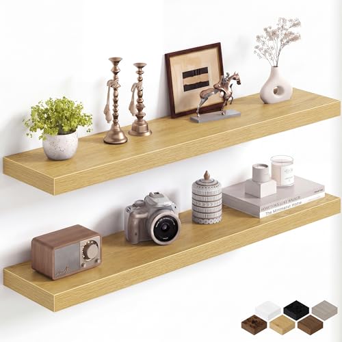 Image of Fun Memories 40Inch Floating Shelves for Wall, 8 Inch Deep Shelves for Bathroom|Bedroom|Kitchen, Large Wall Mounted Wood Hanging Shelf with Invisible Brackets for Home Storage Decor, Oak - 2 Pack