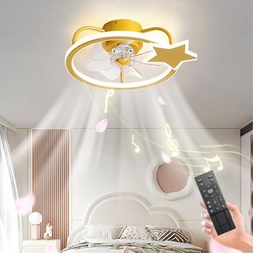 LASANYA Ventilador De Techo Dc Con Luz Led Regulable Y Altavoz Bluetooth, Forma De Estrella Lampara Ventilador Silencioso Infantil, Moderno Pequeño Lamparas Ventiladores Techo Comedor-Dorato