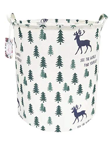 Image of TIBAOLOVER 19.7" Large Sized Waterproof Foldable Canvas Laundry Hamper Bucket with Handles for Storage Bin,Kids Room,Home Organizer,Nursery Storage,Baby Hamper(Pine Trees and Deers)