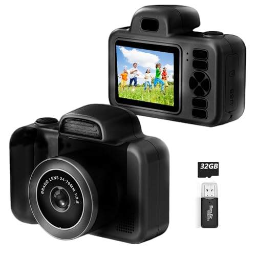 Kinder Kamera 12MP Mini SLR Kinderkamer für Mädchen Junge Kind ab 3 4 5 6 7 8 Jahre, 1080P Video Foto Kamera Kinder fotoapparat Kids Camera Spielzeug mit 360° drehbare Linse, MP3, 32G Karte – Schwarz