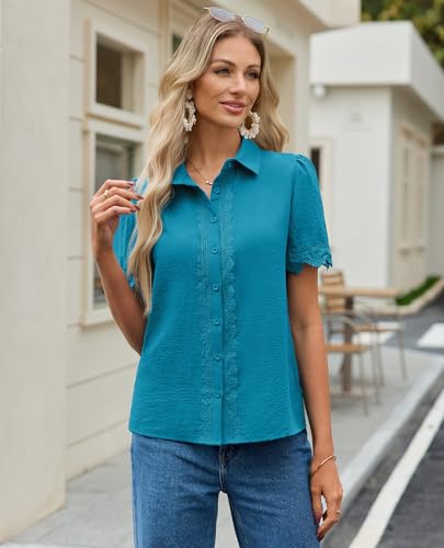 Image of siliteelon Womens Summer Button Down Lace Blouses Lapel Trim Dress Casual Shirts 2026 Fashion Business Short Sleeve Tops
