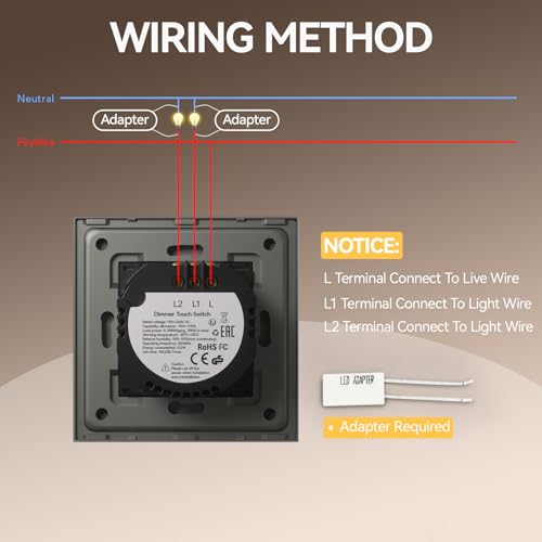 BSEED DimmSchalter f&uuml;r LED-Lampen, Touch Lichtschalter aus Glas, Non-wifi Schalter 700W 240V f&uuml;r eine perfekte Listimmungsvolle, 2 Fach 1 Weg Grau