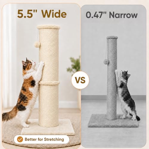 Image of PAWSCRAT Cat Scratching Post 32 Inch, Natural Sisal Cat Scratch Post, Scratch-Resistant and Durable Tall Cat Scratcher for Indoor Cats, Protect Your Furniture by Changing Your Cat's Scratching Habit